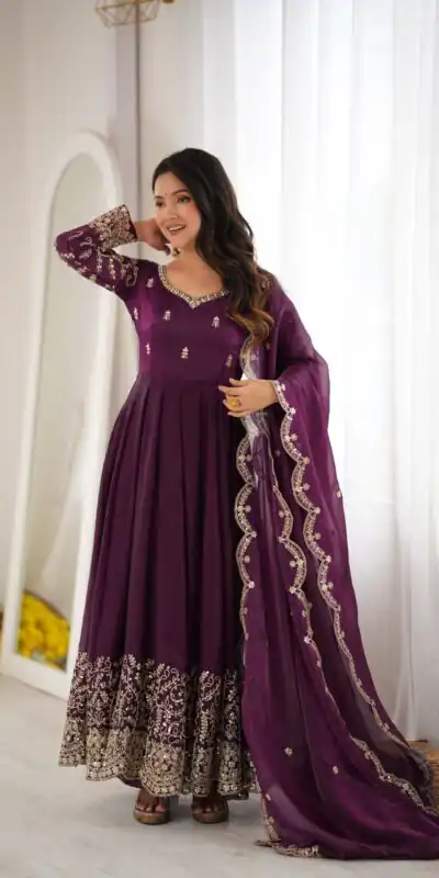 ZSR 3185 Wine Fendy Silk Gown with Embroidery Work & Sequins Work. Special Price ₹2399. Delivery 4-6 Working Days. Shop now. | Gowns, Bollywood Gowns, Creative Gowns, Designer Gowns, Embroidered Gowns, Party Wear Gowns