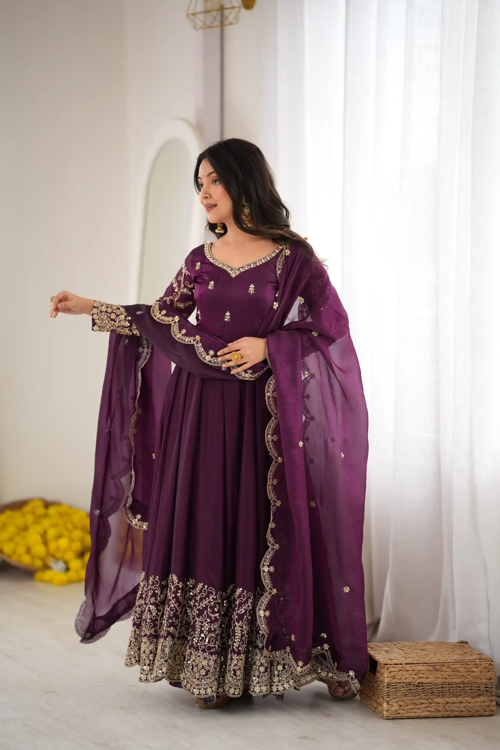 ZSR 3185 Wine Fendy Silk Gown with Embroidery Work & Sequins Work. Special Price ₹2399. Delivery 4-6 Working Days. Shop now. | Gowns, Bollywood Gowns, Creative Gowns, Designer Gowns, Embroidered Gowns, Party Wear Gowns