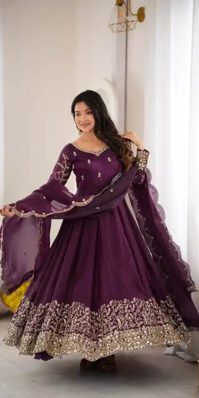 ZSR 3185 Wine Fendy Silk Gown with Embroidery Work & Sequins Work. Special Price ₹2399. Delivery 4-6 Working Days. Shop now. | Gowns, Bollywood Gowns, Creative Gowns, Designer Gowns, Embroidered Gowns, Party Wear Gowns