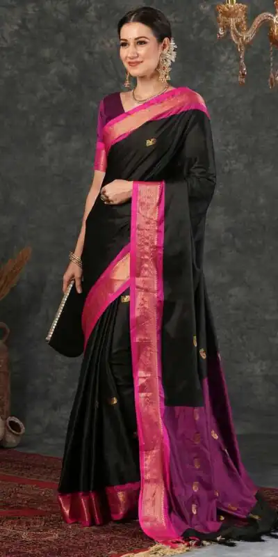 KP 7009 Black Soft Lichi Silk Saree with Lace Work & Lace Border. Introductory Price ₹1649. Delivery 4-6 Working Days. Shop now. | Designer Sarees, Modern Digital sarees, Sarees, Bollywood Sarees, Creative Sarees, Embroidered Sarees, Ethnic Saree, Party Wear Sarees