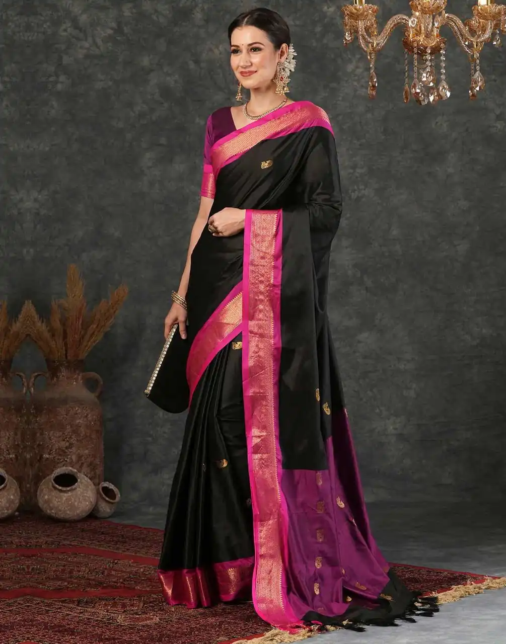 KP 7009 Black Soft Lichi Silk Saree with Lace Work & Lace Border. Introductory Price ₹1649. Delivery 4-6 Working Days. Shop now. | Designer Sarees, Modern Digital sarees, Sarees, Bollywood Sarees, Creative Sarees, Embroidered Sarees, Ethnic Saree, Party Wear Sarees
