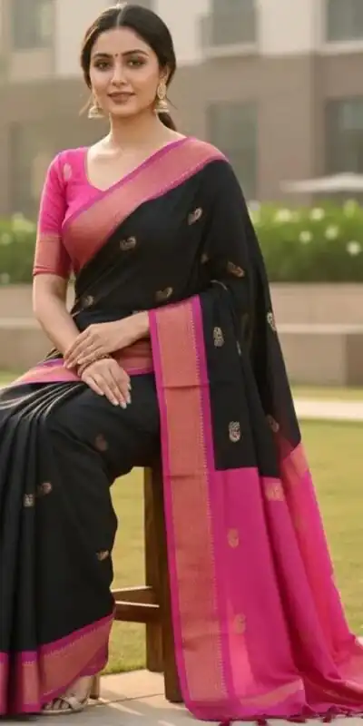 KP 7009 Black Soft Lichi Silk Saree with Lace Work & Lace Border. Introductory Price ₹1649. Delivery 4-6 Working Days. Shop now. | Designer Sarees, Modern Digital sarees, Sarees, Bollywood Sarees, Creative Sarees, Embroidered Sarees, Ethnic Saree, Party Wear Sarees