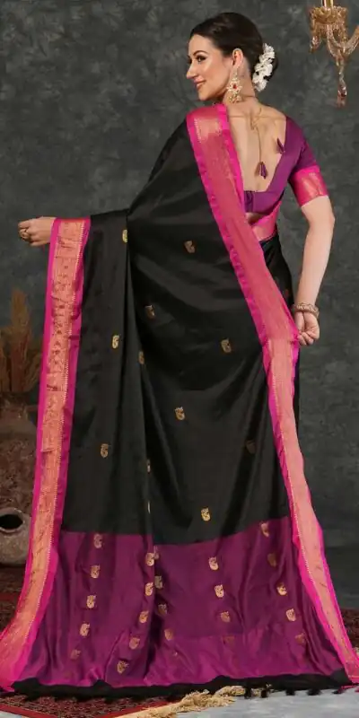 KP 7009 Black Soft Lichi Silk Saree with Lace Work & Lace Border. Introductory Price ₹1649. Delivery 4-6 Working Days. Shop now. | Designer Sarees, Modern Digital sarees, Sarees, Bollywood Sarees, Creative Sarees, Embroidered Sarees, Ethnic Saree, Party Wear Sarees
