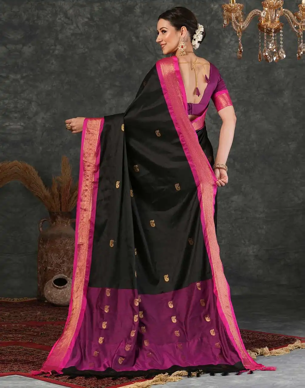 KP 7009 Black Soft Lichi Silk Saree with Lace Work & Lace Border. Introductory Price ₹1649. Delivery 4-6 Working Days. Shop now. | Designer Sarees, Modern Digital sarees, Sarees, Bollywood Sarees, Creative Sarees, Embroidered Sarees, Ethnic Saree, Party Wear Sarees
