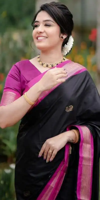 KP 7009 Black Soft Lichi Silk Saree with Lace Work & Lace Border. Introductory Price ₹1649. Delivery 4-6 Working Days. Shop now. | Designer Sarees, Modern Digital sarees, Sarees, Bollywood Sarees, Creative Sarees, Embroidered Sarees, Ethnic Saree, Party Wear Sarees