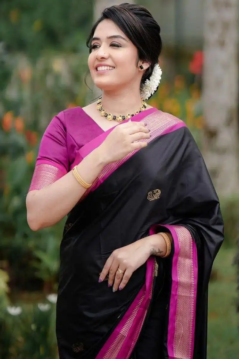 KP 7009 Black Soft Lichi Silk Saree with Lace Work & Lace Border. Introductory Price ₹1649. Delivery 4-6 Working Days. Shop now. | Designer Sarees, Modern Digital sarees, Sarees, Bollywood Sarees, Creative Sarees, Embroidered Sarees, Ethnic Saree, Party Wear Sarees