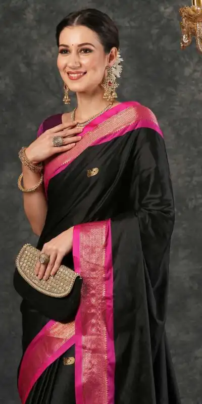 KP 7009 Black Soft Lichi Silk Saree with Lace Work & Lace Border. Introductory Price ₹1649. Delivery 4-6 Working Days. Shop now. | Designer Sarees, Modern Digital sarees, Sarees, Bollywood Sarees, Creative Sarees, Embroidered Sarees, Ethnic Saree, Party Wear Sarees