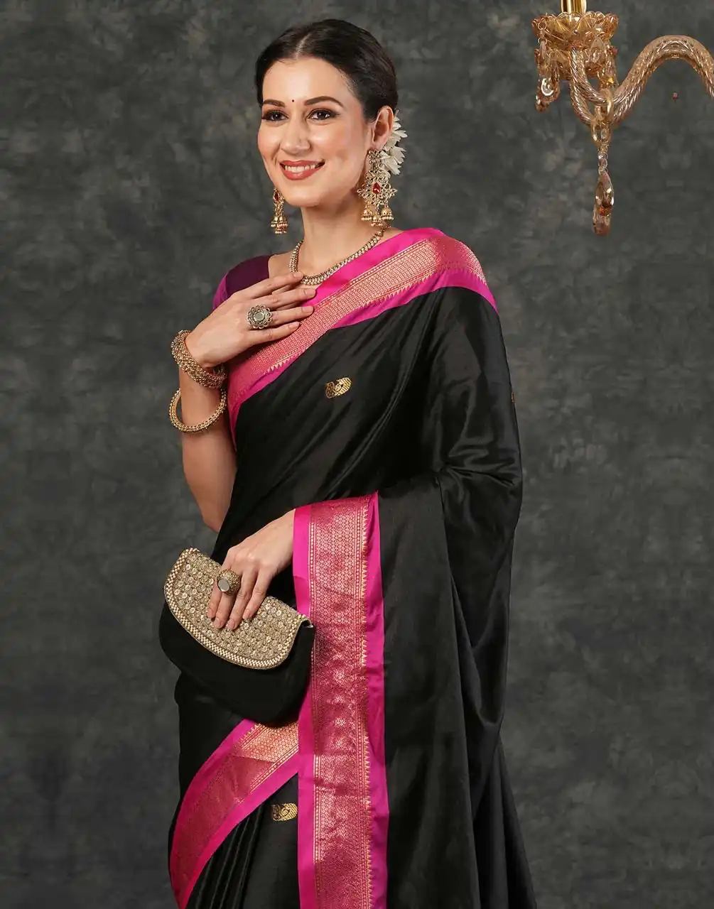 KP 7009 Black Soft Lichi Silk Saree with Lace Work & Lace Border. Introductory Price ₹1649. Delivery 4-6 Working Days. Shop now. | Designer Sarees, Modern Digital sarees, Sarees, Bollywood Sarees, Creative Sarees, Embroidered Sarees, Ethnic Saree, Party Wear Sarees