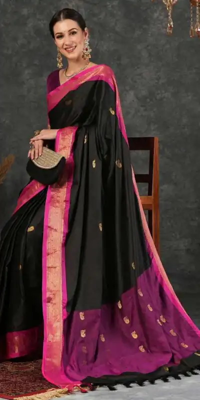 KP 7009 Black Soft Lichi Silk Saree with Lace Work & Lace Border. Introductory Price ₹1649. Delivery 4-6 Working Days. Shop now. | Designer Sarees, Modern Digital sarees, Sarees, Bollywood Sarees, Creative Sarees, Embroidered Sarees, Ethnic Saree, Party Wear Sarees
