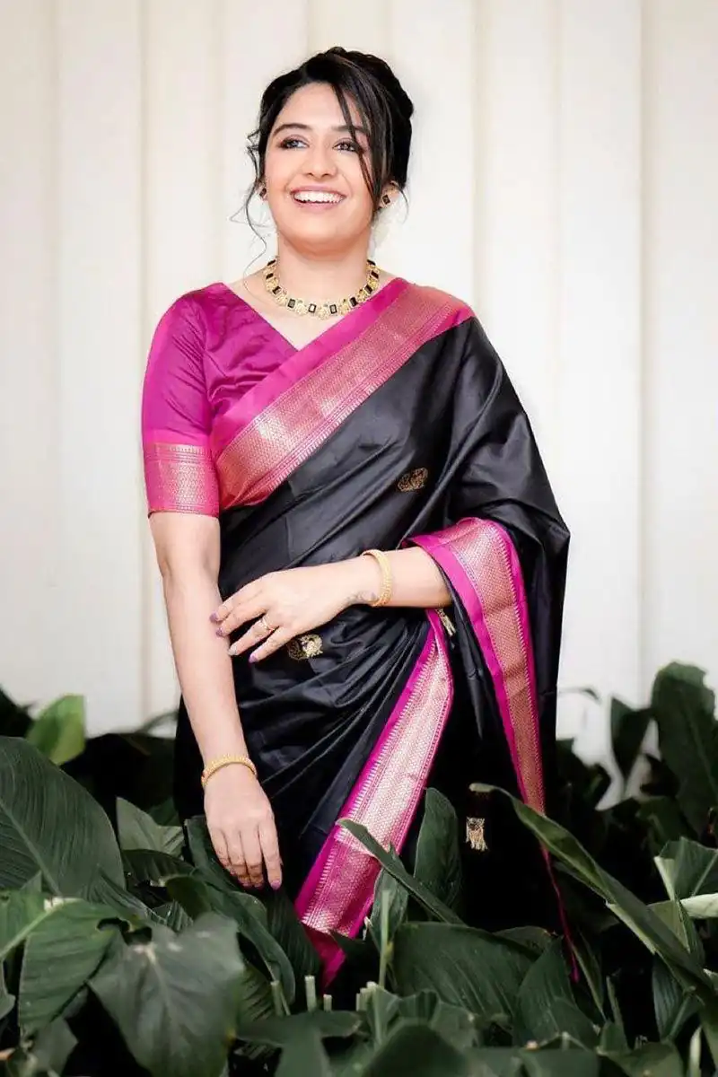 KP 7009 Black Soft Lichi Silk Saree with Lace Work & Lace Border. Introductory Price ₹1649. Delivery 4-6 Working Days. Shop now. | Designer Sarees, Modern Digital sarees, Sarees, Bollywood Sarees, Creative Sarees, Embroidered Sarees, Ethnic Saree, Party Wear Sarees