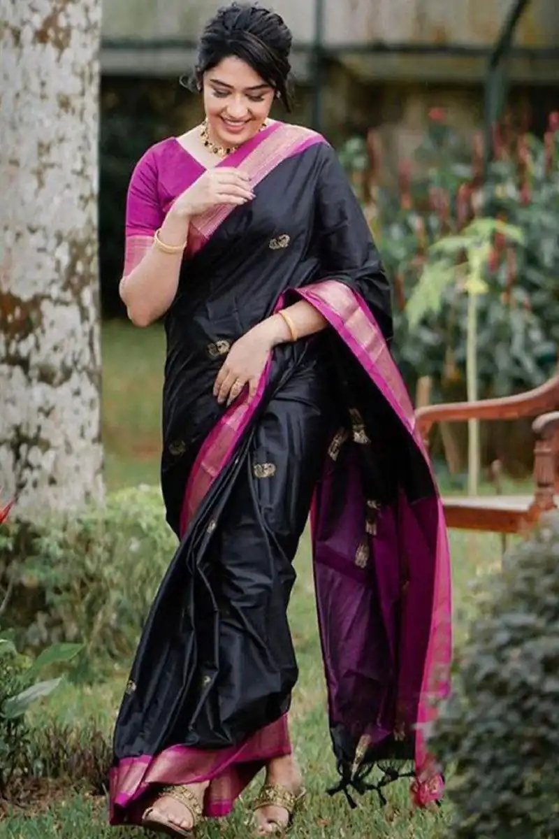 KP 7009 Black Soft Lichi Silk Saree with Lace Work & Lace Border. Introductory Price ₹1649. Delivery 4-6 Working Days. Shop now. | Designer Sarees, Modern Digital sarees, Sarees, Bollywood Sarees, Creative Sarees, Embroidered Sarees, Ethnic Saree, Party Wear Sarees