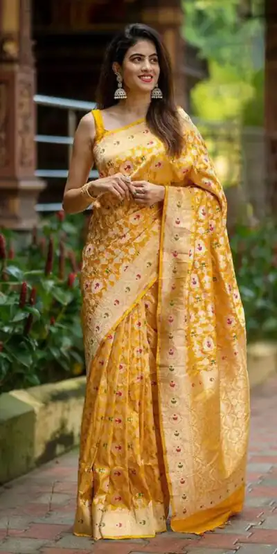 KP 6080 Yellow Soft Lichi Silk Saree with Lace Work & Lace Border. Introductory Price ₹1649. Delivery 4-6 Working Days. Shop now. | Designer Sarees, Modern Digital sarees, Sarees, Bollywood Sarees, Creative Sarees, Embroidered Sarees, Ethnic Saree, Party Wear Sarees