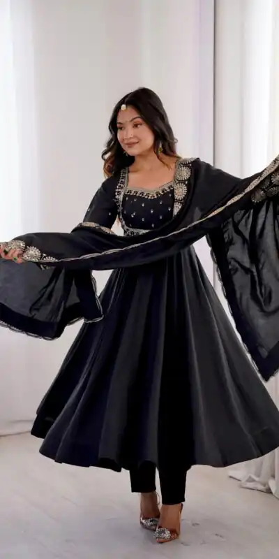 ZF 5026  Black Colour Roman Silk Salwar Suit with Embroidery Work. Best Price ₹2399. Delivery 4-6 Working Days. Online Shop now. | Anarkali Suits, Bollywood Anarkali, Creative-Anarkali, Designer Anarkali, Embroidered Anarkali, Party Wear Anarkali
