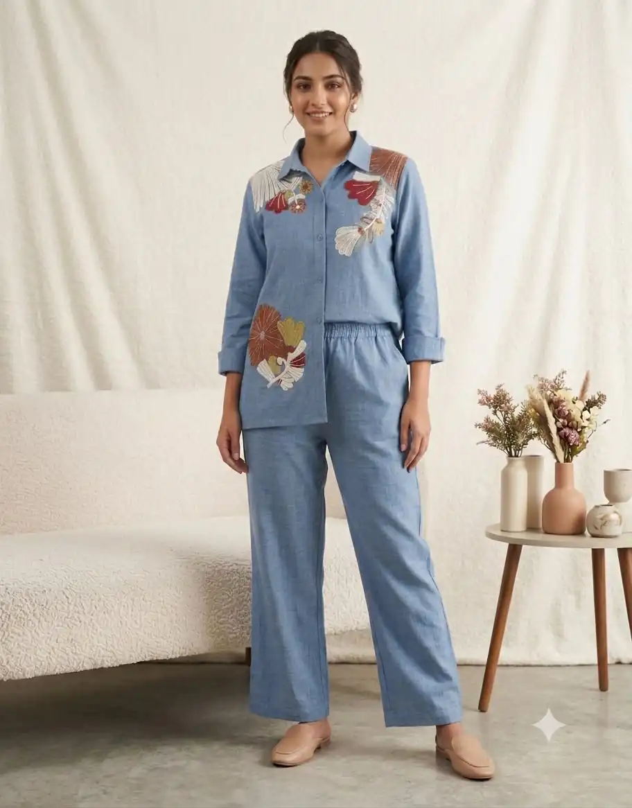 Glowing Blue Cotton Denim Embroidery Work Kurti - Image 2
