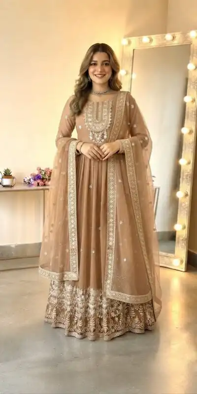 SSR 546 Chiku in Georgette Embroidery Work & Sequins Work Gown . Get it for ₹2149. Delivery 4-6 Working Days. Online Shop now. | Gowns, Bollywood Gowns, Creative Gowns, Designer Gowns, Embroidered Gowns, Party Wear Gowns