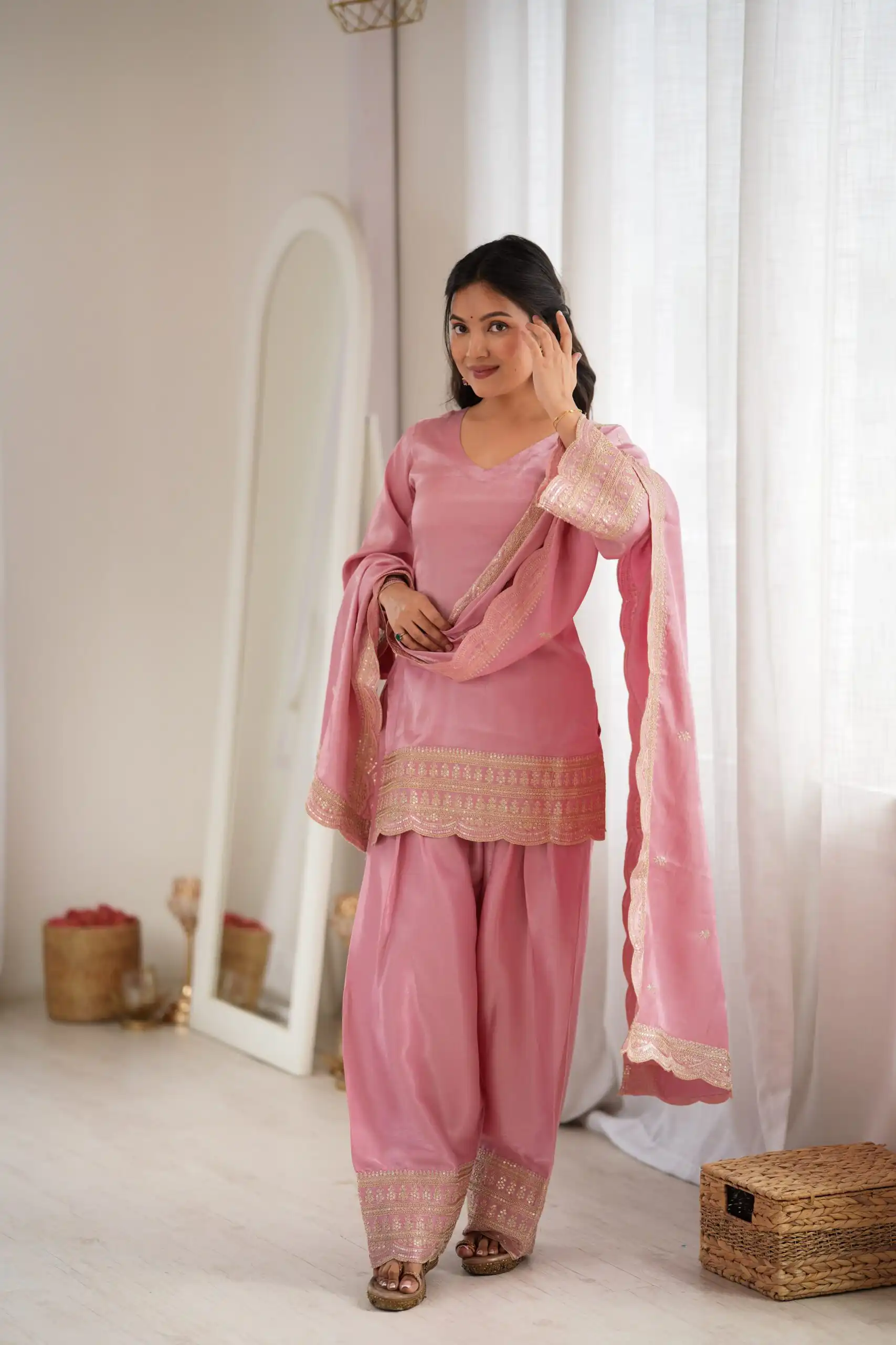 KB 304 Pink in Glass Roman Silk. Sequins Work & Embroidery Work Salwar Suit Festive Deal ₹1999. Delivery 4-6 Working Days. Shop now. | Jump Suits, Salwar suit, Casual Suits, Creative suits, Designer Suits, Palazzo Suits, Party Wear Suits, Patiala Suits, Straight Suits