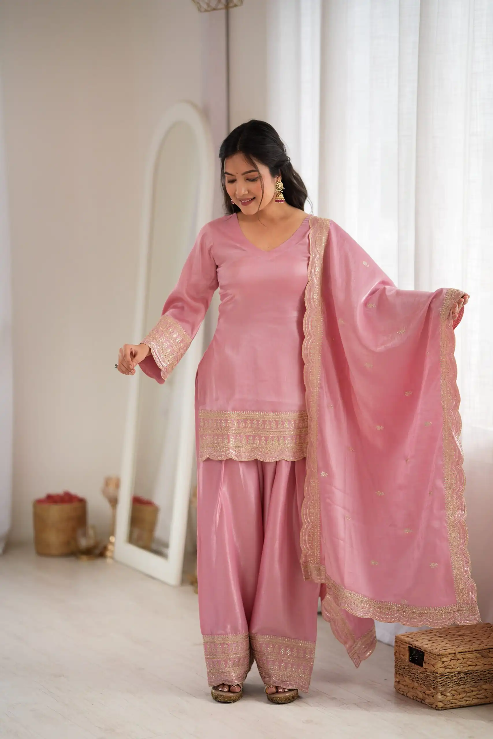 KB 304 Pink in Glass Roman Silk. Sequins Work & Embroidery Work Salwar Suit Festive Deal ₹1999. Delivery 4-6 Working Days. Shop now. | Jump Suits, Salwar suit, Casual Suits, Creative suits, Designer Suits, Palazzo Suits, Party Wear Suits, Patiala Suits, Straight Suits