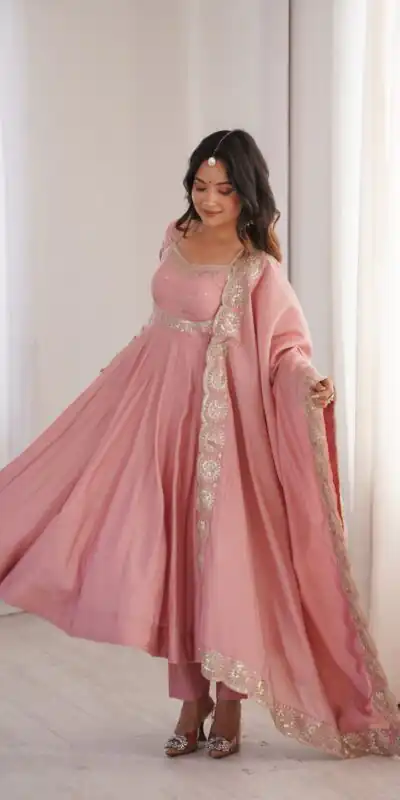 Glowing Pink Roman Silk Embroidery Work Anarkali Suit