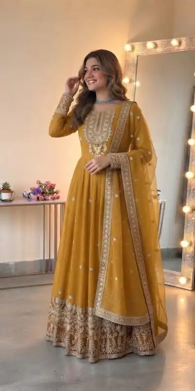 SSR 546 Yellow in Georgette Embroidery Work & Sequins Work Gown . Get it for ₹2149. Delivery 4-6 Working Days. Online Shop now. | Gowns, Bollywood Gowns, Creative Gowns, Designer Gowns, Embroidered Gowns, Party Wear Gowns