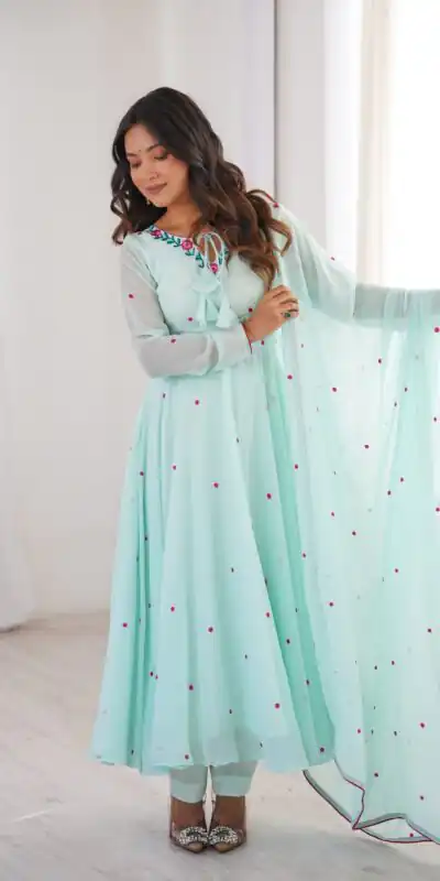 SP 82 Sky Blue in Heavy Faux Georgette Embroidery Work Salwar Suit . Introductory Price ₹1999. Delivery 4-6 Working Days. Shop now. | Anarkali Suits, Bollywood Anarkali, Creative-Anarkali, Designer Anarkali, Embroidered Anarkali, Party Wear Anarkali