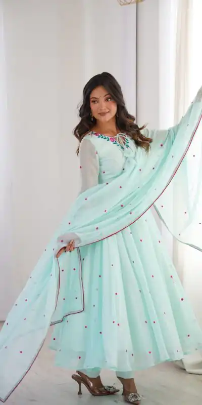 SP 82 Sky Blue in Heavy Faux Georgette Embroidery Work Salwar Suit . Introductory Price ₹1999. Delivery 4-6 Working Days. Shop now. | Anarkali Suits, Bollywood Anarkali, Creative-Anarkali, Designer Anarkali, Embroidered Anarkali, Party Wear Anarkali