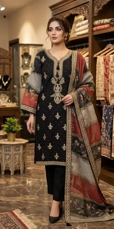 Alternative view of Graceful Black Mul Chanderi Silk Thread Work Salwar Suit