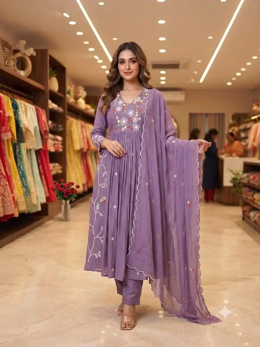 Graceful Lavender Mul Chanderi Silk Thread Work Salwar Suit - Image 2