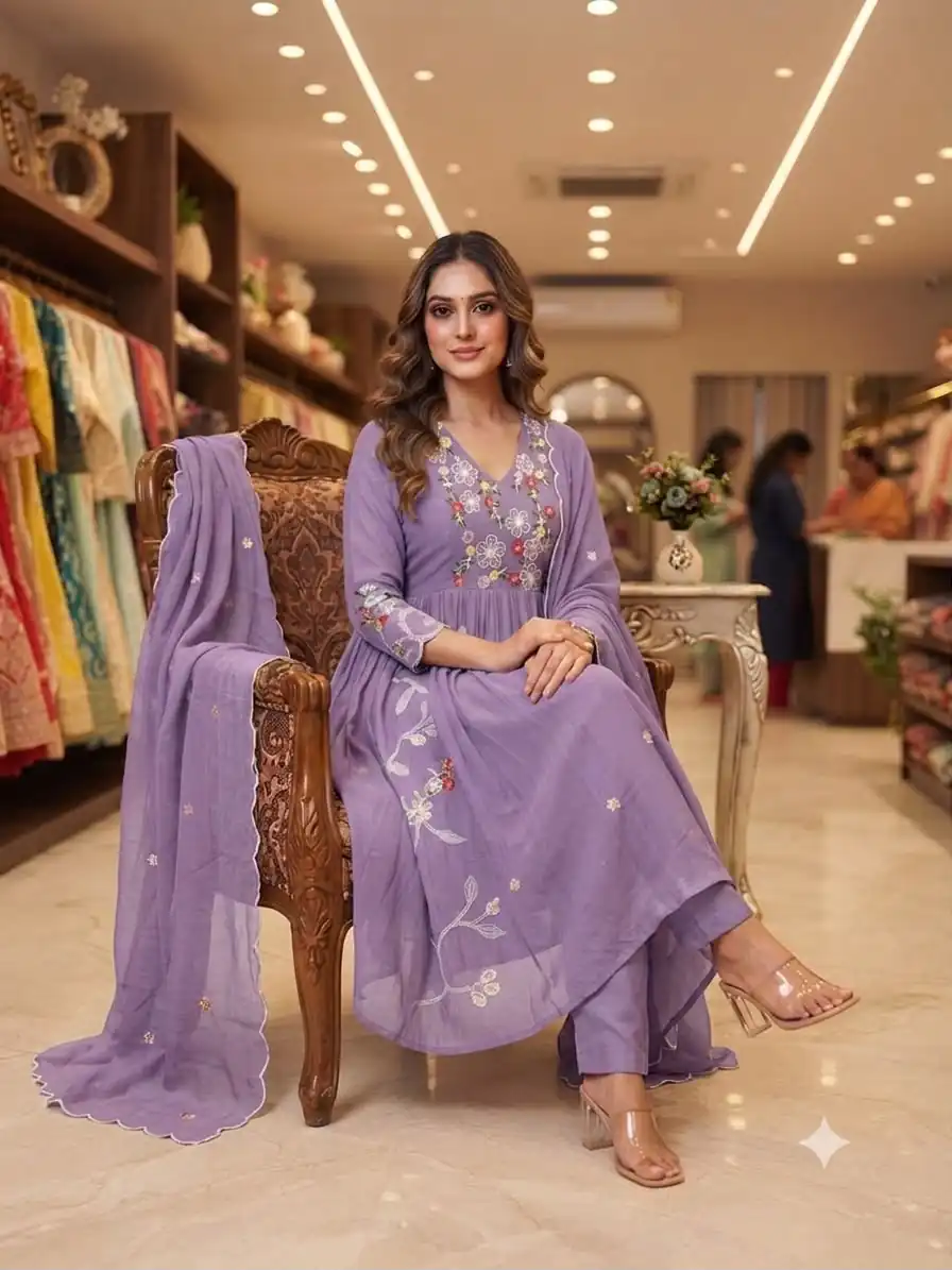 Graceful Lavender Mul Chanderi Silk Thread Work Salwar Suit - Image 4