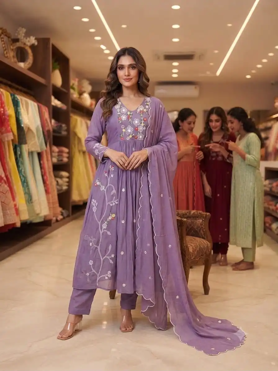 Graceful Lavender Mul Chanderi Silk Thread Work Salwar Suit