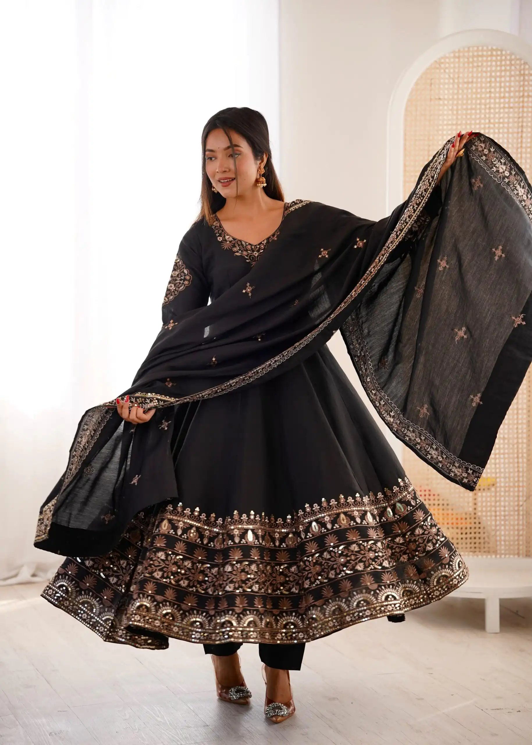 ZF 5016 Black Roman Silk Gown with Embroidery Work. Wedding, Party, Festive, Events, Navratri, Exclusive Offer ₹2499. Delivery 4-6 Working Days. Shop now. | Gowns, Bollywood Gowns, Creative Gowns, Designer Gowns, Embroidered Gowns, Party Wear Gowns