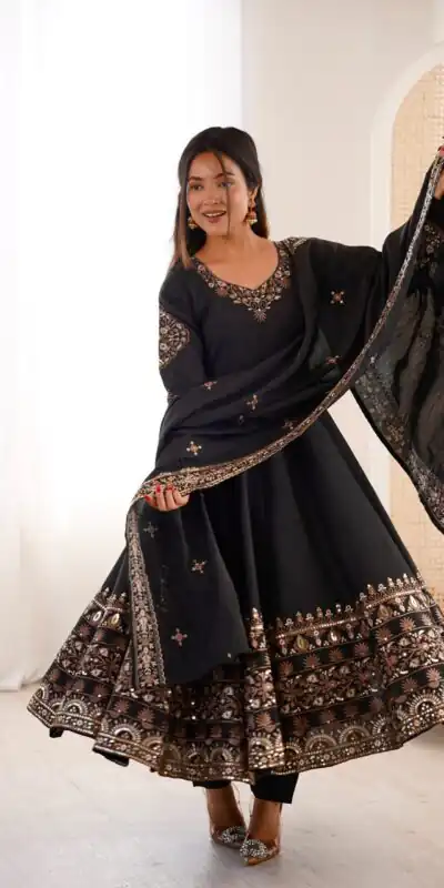 ZF 5016 Black Roman Silk Gown with Embroidery Work. Wedding, Party, Festive, Events, Navratri, Exclusive Offer ₹2499. Delivery 4-6 Working Days. Shop now. | Gowns, Bollywood Gowns, Creative Gowns, Designer Gowns, Embroidered Gowns, Party Wear Gowns