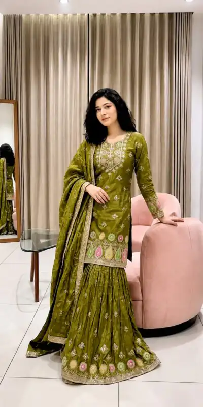 WW 1276 Mehandi Pure Endy Silk Salwar Suit with Embroidery Work & Sequins Work. Exclusive Offer ₹2399. Delivery 4-6 Working Days. Shop now. | Jump Suits, Salwar suit, Casual Suits, Creative suits, Designer Suits, Palazzo Suits, Party Wear Suits, Patiala Suits, Straight Suits