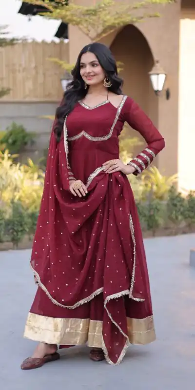 KA 1261 Maroon Silver Crunchy Gown Perfect for Wedding, Party, Durga Puja, Ganesh Chaturthi, Family Gatherings – n. Festive Deal ₹2249. Delivery 4-6 Worki | Gowns, Bollywood Gowns, Creative Gowns, Designer Gowns, Embroidered Gowns, Party Wear Gowns