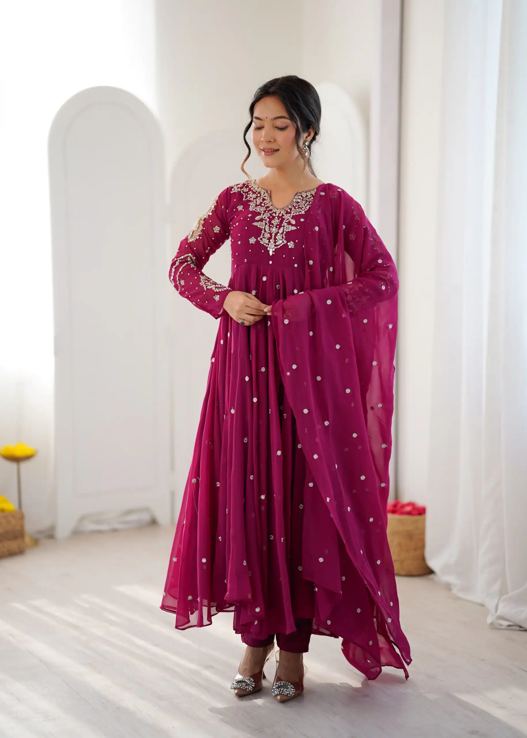 JF 056 Pink Faux Georgette Salwar Suit with Mirror Work & Embroidery Work. Get it for ₹2349. Delivery 4-6 Working Days. Shop now. | Jump Suits, Salwar suit, Casual Suits, Creative suits, Designer Suits, Palazzo Suits, Party Wear Suits, Patiala Suits, Straight Suits
