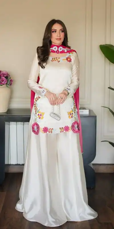 VLM 338 White Color Roman Silk Salwar Suit with Embroidery Work. Available at ₹2499 only. Delivery 4-6 Working Days. Shop now. | Jump Suits, Salwar suit, Casual Suits, Creative suits, Designer Suits, Palazzo Suits, Party Wear Suits, Patiala Suits, Straight Suits
