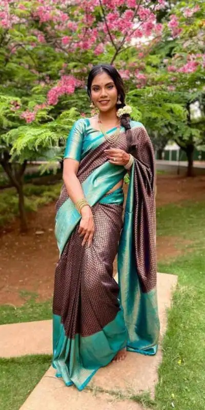KP 4039 Brown Soft Lichi Silk Cloth Saree Perfect for Wedding, Party, Family Gatherings, Sangeet, Festive Deal ₹1599. Delivery 4-6 Working Days | Designer Sarees, Modern Digital sarees, Sarees, Bollywood Sarees, Creative Sarees, Embroidered Sarees, Ethnic Saree, Party Wear Sarees