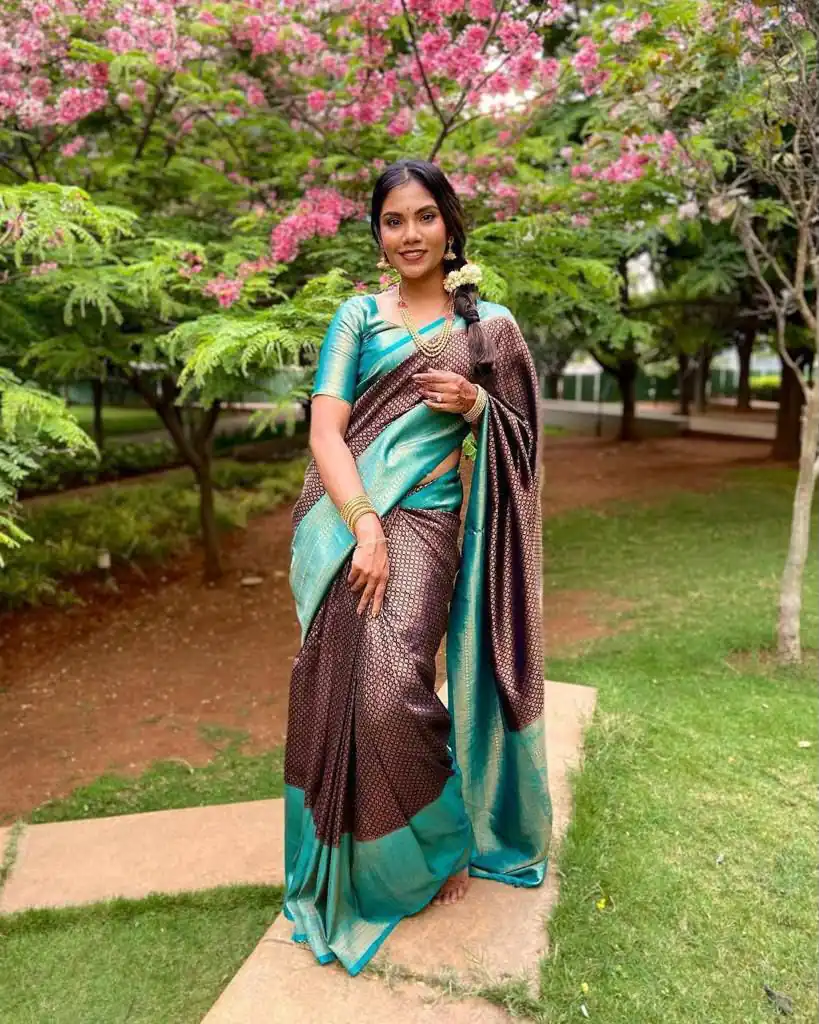 KP 4039 Brown Soft Lichi Silk Cloth Saree Perfect for Wedding, Party, Family Gatherings, Sangeet, Festive Deal ₹1599. Delivery 4-6 Working Days | Designer Sarees, Modern Digital sarees, Sarees, Bollywood Sarees, Creative Sarees, Embroidered Sarees, Ethnic Saree, Party Wear Sarees