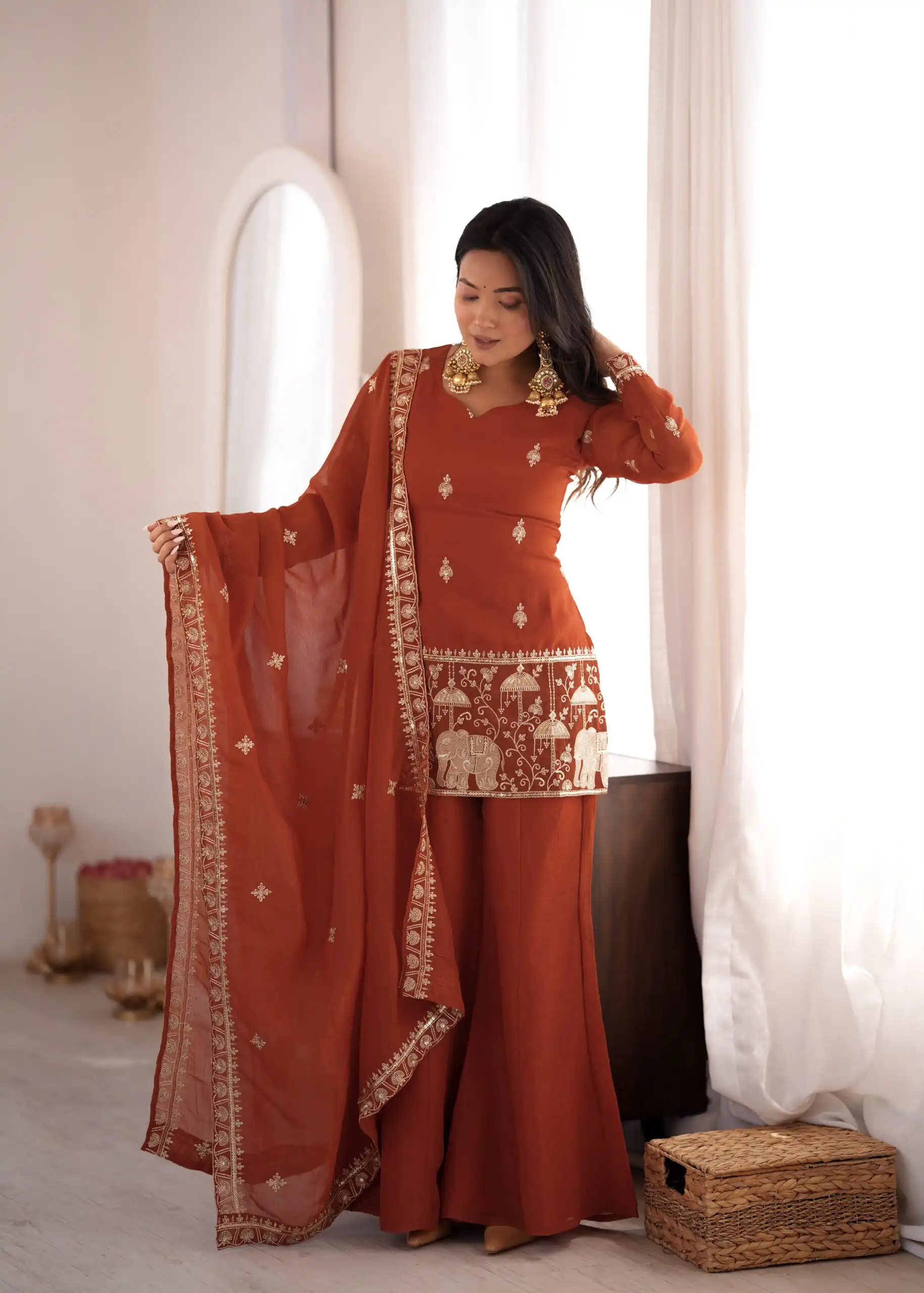 KB 311 Rust Crunchy Silk Salwar Suit with Embroidery Work & Sequins Work. Exclusive Offer ₹2049. Delivery 4-6 Working Days. Shop now. | Jump Suits, Salwar suit, Casual Suits, Creative suits, Designer Suits, Palazzo Suits, Party Wear Suits, Patiala Suits, Straight Suits