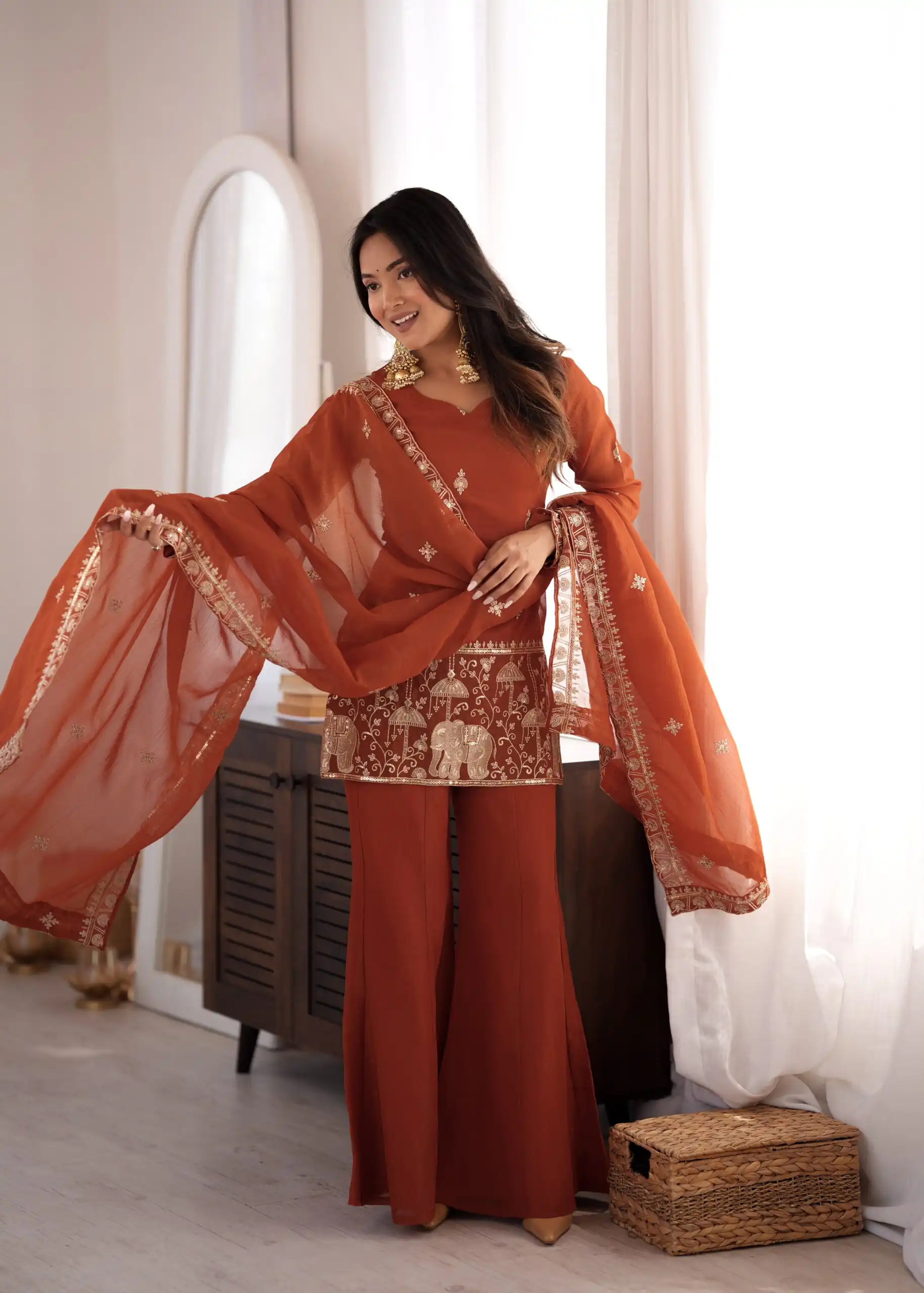 KB 311 Rust Crunchy Silk Salwar Suit with Embroidery Work & Sequins Work. Exclusive Offer ₹2049. Delivery 4-6 Working Days. Shop now. | Jump Suits, Salwar suit, Casual Suits, Creative suits, Designer Suits, Palazzo Suits, Party Wear Suits, Patiala Suits, Straight Suits