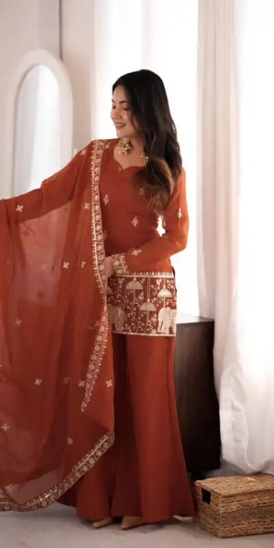 KB 311 Rust Crunchy Silk Salwar Suit with Embroidery Work & Sequins Work. Exclusive Offer ₹2049. Delivery 4-6 Working Days. Shop now. | Jump Suits, Salwar suit, Casual Suits, Creative suits, Designer Suits, Palazzo Suits, Party Wear Suits, Patiala Suits, Straight Suits