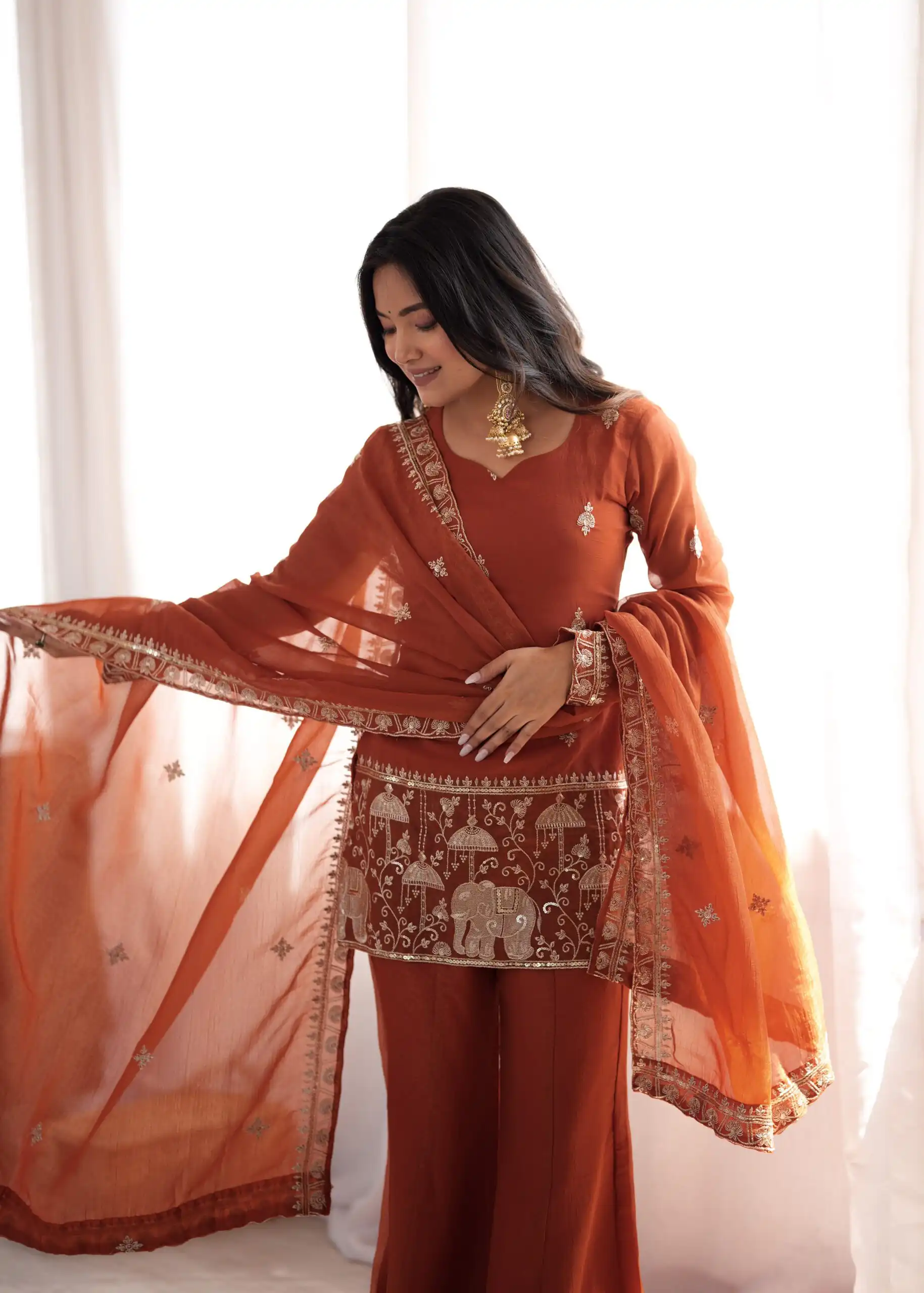KB 311 Rust Crunchy Silk Salwar Suit with Embroidery Work & Sequins Work. Exclusive Offer ₹2049. Delivery 4-6 Working Days. Shop now. | Jump Suits, Salwar suit, Casual Suits, Creative suits, Designer Suits, Palazzo Suits, Party Wear Suits, Patiala Suits, Straight Suits