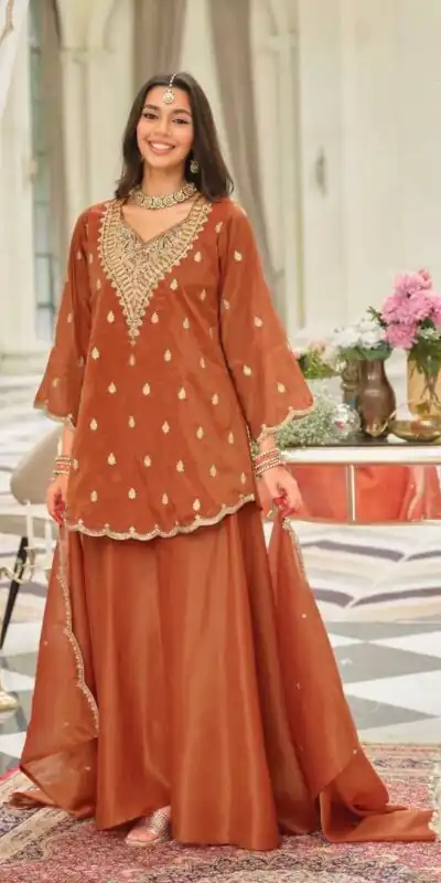 ST 243 Rust Color Natural Crep Salwar Suit with Embroidery Work. Wedding, Party, Festive, Best Price ₹2199. Delivery 4-6 Working Days. Shop now. | Jump Suits, Salwar suit, Casual Suits, Creative suits, Designer Suits, Palazzo Suits, Party Wear Suits, Patiala Suits, Straight Suits
