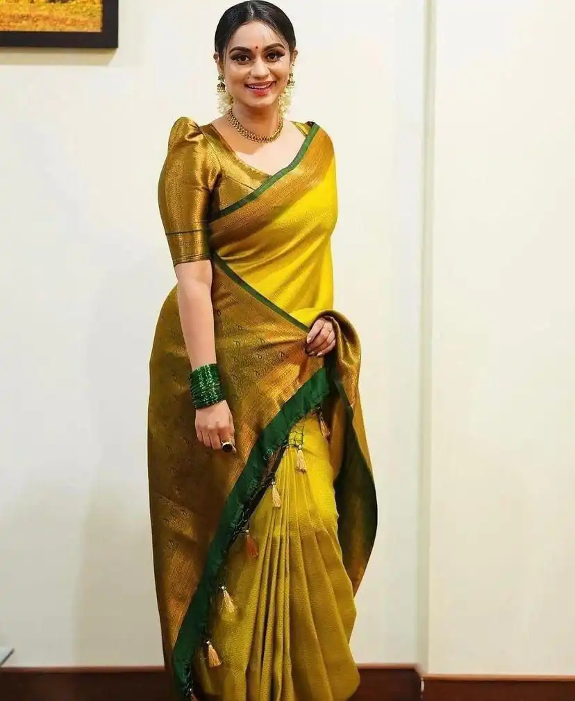 KP 4039 Yellow Soft Lichi Silk Cloth Saree Perfect for Wedding, Party, Family Gatherings, Sangeet, Festive Deal ₹1599. Delivery 4-6 Working Days | Designer Sarees, Modern Digital sarees, Sarees, Bollywood Sarees, Creative Sarees, Embroidered Sarees, Ethnic Saree, Party Wear Sarees