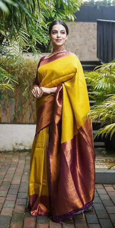 KP 4039 Yellow Soft Lichi Silk Cloth Saree Perfect for Wedding, Party, Family Gatherings, Sangeet, Festive Deal ₹1599. Delivery 4-6 Working Days | Designer Sarees, Modern Digital sarees, Sarees, Bollywood Sarees, Creative Sarees, Embroidered Sarees, Ethnic Saree, Party Wear Sarees