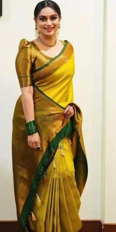 Shiny Yellow Lichi Silk Jacquard Border Work Saree