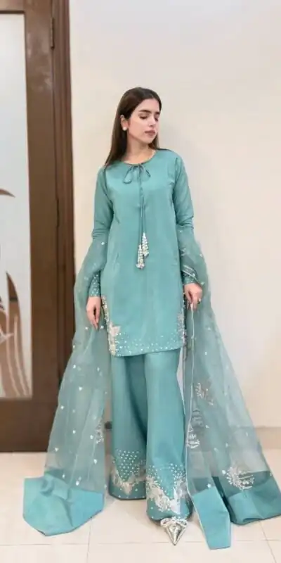 Stylish Sky Blue Natural Crepe Sequence Work Salwar Suit