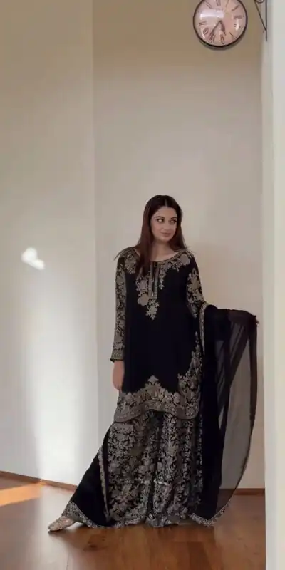 SR 1720 Black Faux Georgette Salwar Suit with Mirror Work & Embroidery Work. Get it for ₹2549. Delivery 4-6 Working Days. Shop now. | Jump Suits, Salwar suit, Casual Suits, Creative suits, Designer Suits, Palazzo Suits, Party Wear Suits, Patiala Suits, Straight Suits