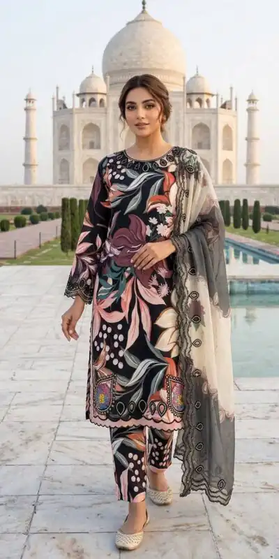 LG 2094 Black Perfect for Wedding, Party, Ganesh Chaturthi, Cultural Events, Durga Puja – Printed Muslin Salwar Suit. Now at just ₹2299. Delivery 4-6 Worki | Jump Suits, Salwar suit, Casual Suits, Creative suits, Designer Suits, Palazzo Suits, Party Wear Suits, Patiala Suits, Straight Suits