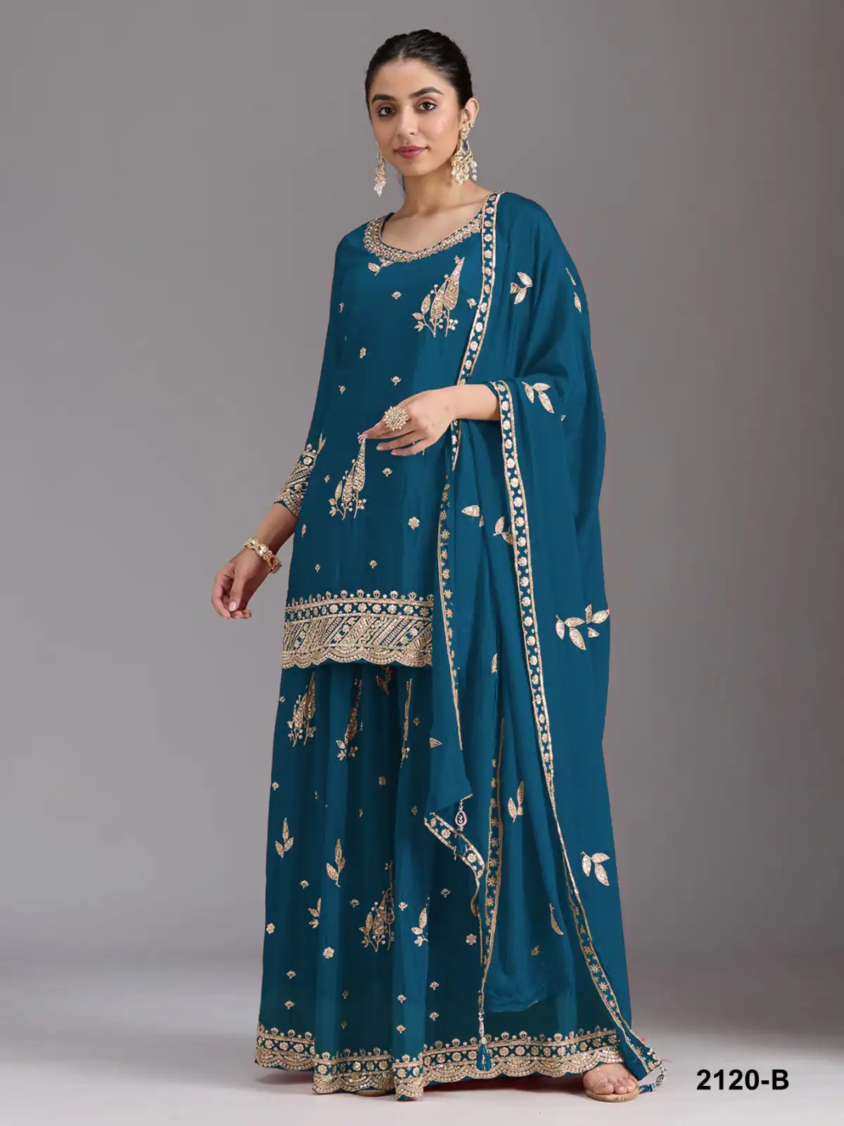 FC 2120 Blue Color chinon Print Silk with Dall Crepe Sharara Suit Wedding, Party, Festive, Events Etc. Expected Delivery 4-6 Working Days @2399/- | Jump Suits, Salwar suit, Casual Suits, Creative suits, Designer Suits, Palazzo Suits, Party Wear Suits, Patiala Suits, Straight Suits