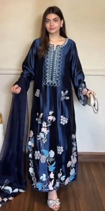 RTC 6053 Navy Blue Jura Silk Salwar Suit with Embroidery Work & Thread Embroidery. Grab it for ₹2399. Delivery 4-6 Working Days. Shop now. | Jump Suits, Salwar suit, Casual Suits, Creative suits, Designer Suits, Palazzo Suits, Party Wear Suits, Patiala Suits, Straight Suits